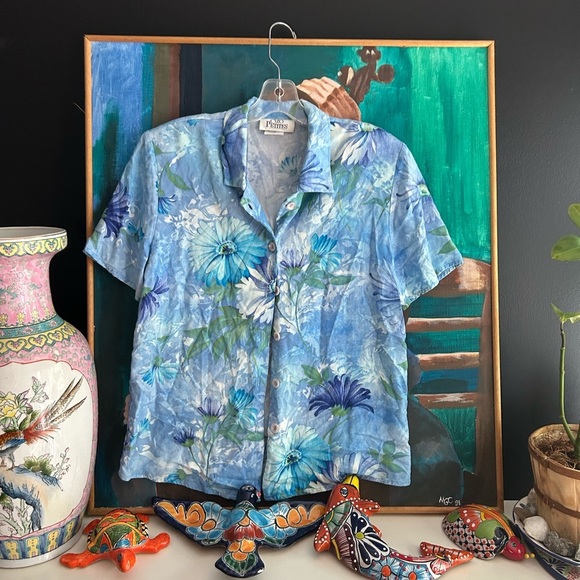 Vintage 90s Hippie Boho Floral Blue Short Sleeve Blouse 8 - Picture 1 of 16
